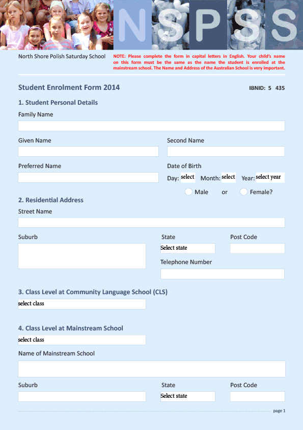 Student Enrolment Form NSPSS 2014
